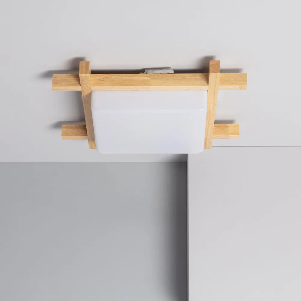 Luminaire de plafond LED bois carré CCT ajustable 15W Loox 400x400 mm avec base en bois
