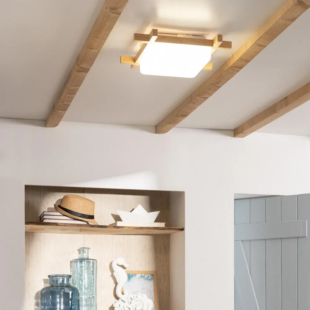 Luminaire de plafond LED bois carré CCT ajustable 15W Loox 400x400 mm avec base en bois