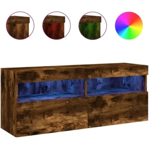 Meuble TV mural avec lumières LED chêne fumé 100x30x40 cm en multicolore