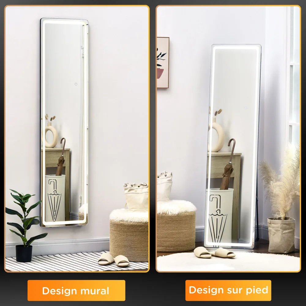 Miroir sur pied rectangulaire miroir mural lumière LED - intensité et couleur réglable avec télécommande - 40 x 37 x 157,5...