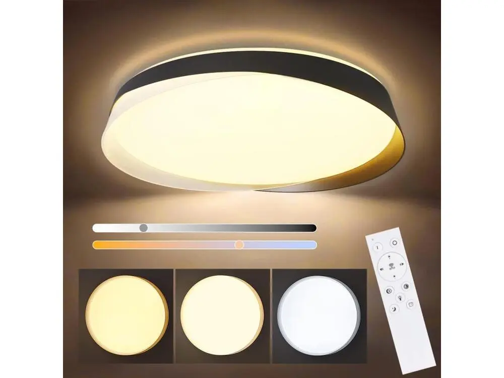 NETTLIFE Plafonnier LED 36W, 3000K-6000K, 41,5*41,5*7,5 cm Dimmable Noir avec Télécommande Chambre Rond Contemporain pour...