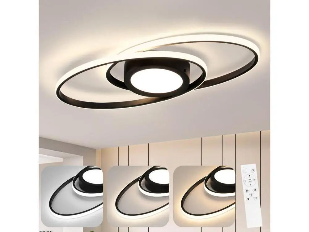 NETTLIFE Plafonnier LED Noir 3000K-6500K Dimmable 48W Chambre d'enfant Salon avec Télécommande Contemporain pour Chambre C...