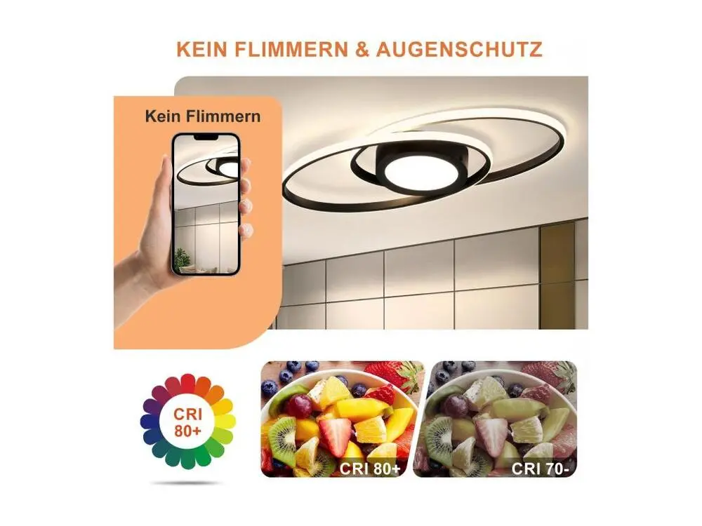 NETTLIFE Plafonnier LED Noir 3000K-6500K Dimmable 48W Chambre d'enfant Salon avec Télécommande Contemporain pour Chambre C...