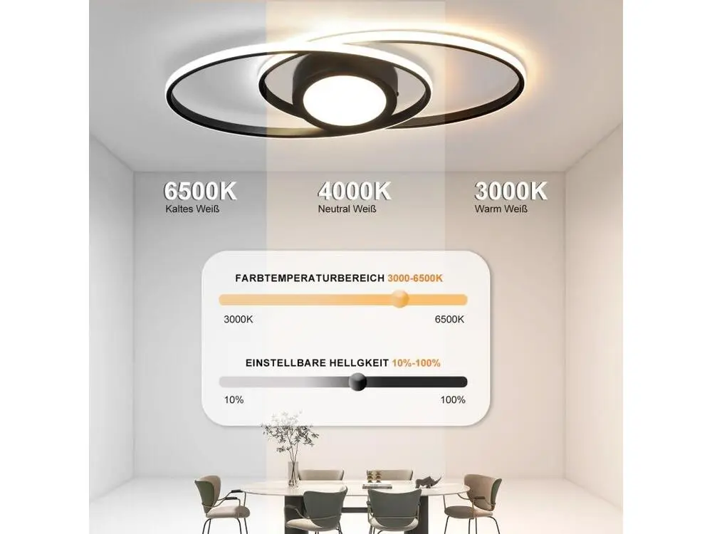 NETTLIFE Plafonnier LED Noir 3000K-6500K Dimmable 48W Chambre d'enfant Salon avec Télécommande Contemporain pour Chambre C...