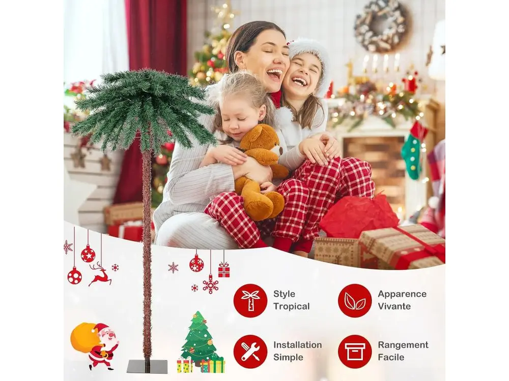 Palmier artificiel de 183 cm, 64 branches en vinyle et 210 lumières led à 4 couleurs, arbre de pré-éclairé pour noël, arbr...