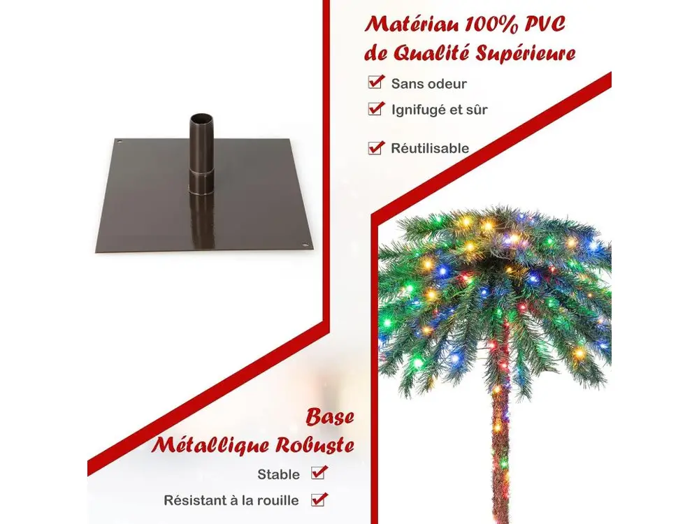 Palmier artificiel de 183 cm, 64 branches en vinyle et 210 lumières led à 4 couleurs, arbre de pré-éclairé pour noël, arbr...