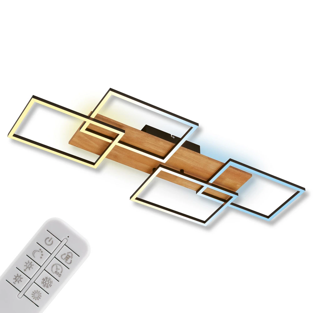 Plafonnier LED Cornice, 95x41cm, bois, télécommande en multicolore