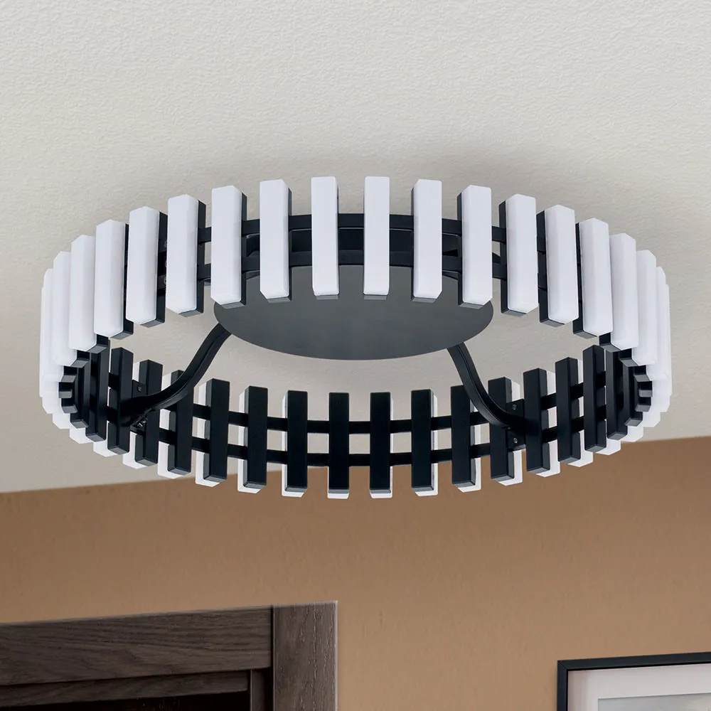 Plafonnier LED Mansion, noir et blanc Ø 43 cm avec base en bois