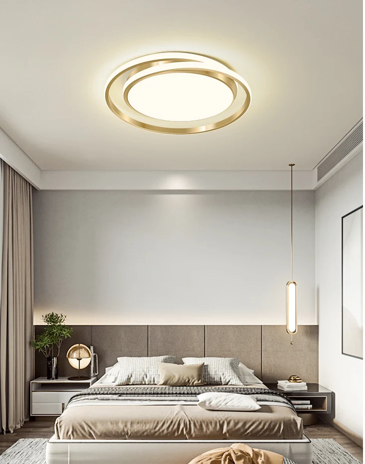 Plafonnier rond de style facile en acrylique LED pour chambre à coucher, luminaire encastré en or brossé avec effet scinti...
