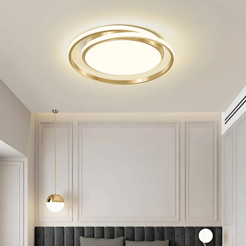 Plafonnier rond de style facile en acrylique LED pour chambre à coucher, luminaire encastré en or brossé avec effet scinti...