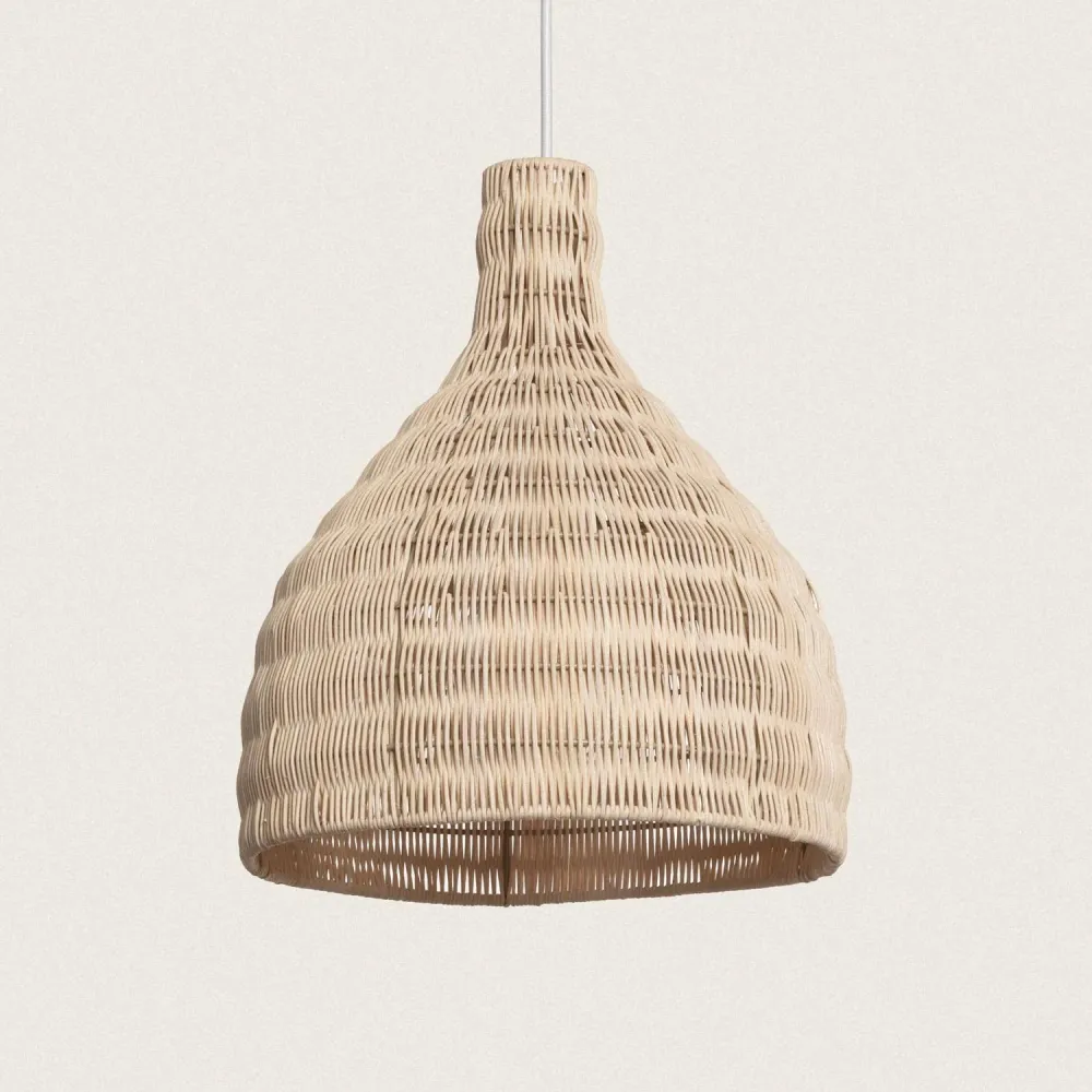 Système d'éclairage LED en suspension, rotin tressé artisanale Kegle. avec base en bois