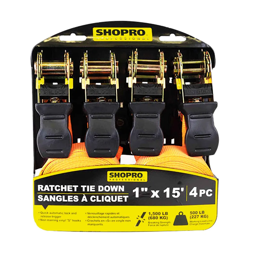 Sangle à cliquet de 1" x 15' à charge de 500 lb max, 4 Unités avec Œillets de renfort
