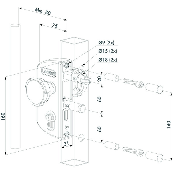 Haute Qualité Serrure 1 point pour menuiserie métallique LAKZ têtière plate - sécurité piscine - réversible - LOCINOX