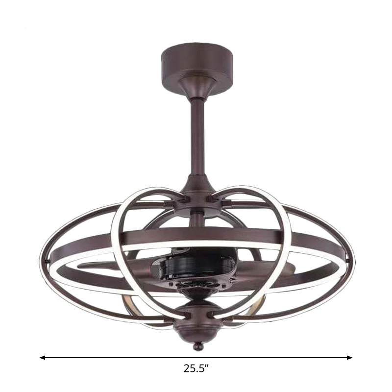 3-Blatt-Käfig-Metall-Deckenleuchte, halbbündig, einfache 25,5" breite LED-Kaffee-Hängeventilatorlampe | Dimmable | Haute l...