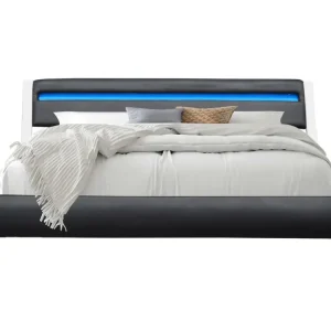 Lit ava pour matelas 90x190 - Sommier + Tête de Lit eclairage LED Incurve Couleur BLANC & NOIR avec douille E27