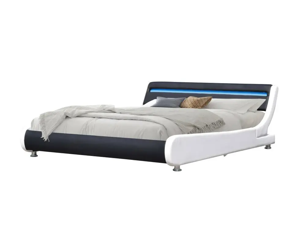 Lit ava pour matelas 90x190 - Sommier + Tête de Lit eclairage LED Incurve Couleur BLANC & NOIR avec douille E27