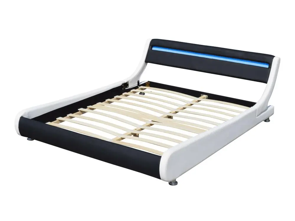 Lit ava pour matelas 90x190 - Sommier + Tête de Lit eclairage LED Incurve Couleur BLANC & NOIR avec douille E27