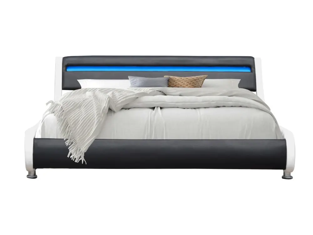 Lit ava pour matelas 90x190 - Sommier + Tête de Lit eclairage LED Incurve Couleur BLANC & NOIR avec douille E27