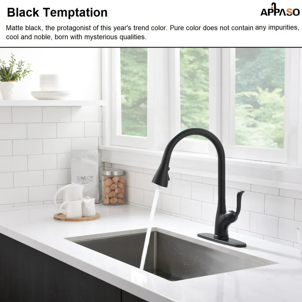 APPASO 149MB Pull Down Kitchen Faucet Matte Noir jais Soap Dispenser