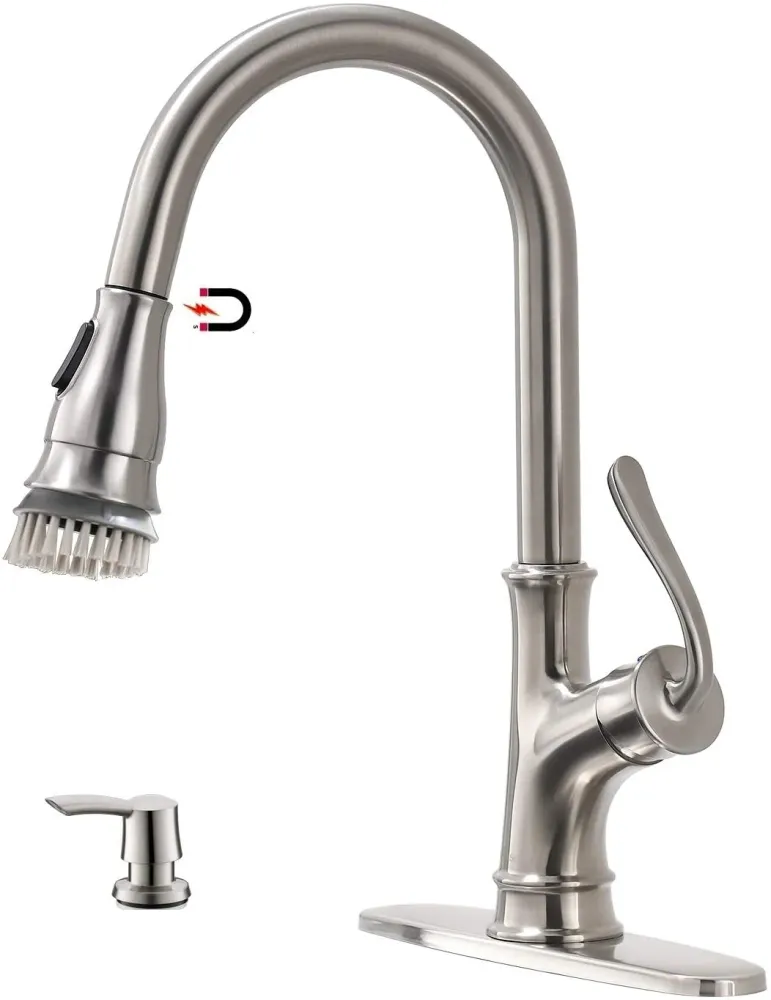 APPASO 159BN Satiné Nickel Kitchen Faucet Pull Down Sprayer, Soap Dispenser and Brush