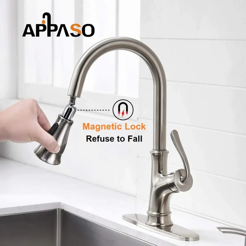 APPASO 159BN Satiné Nickel Kitchen Faucet Pull Down Sprayer, Soap Dispenser and Brush