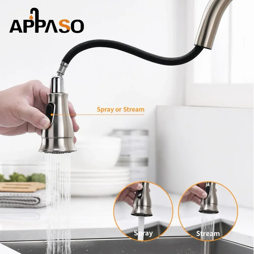 APPASO 159BN Satiné Nickel Kitchen Faucet Pull Down Sprayer, Soap Dispenser and Brush