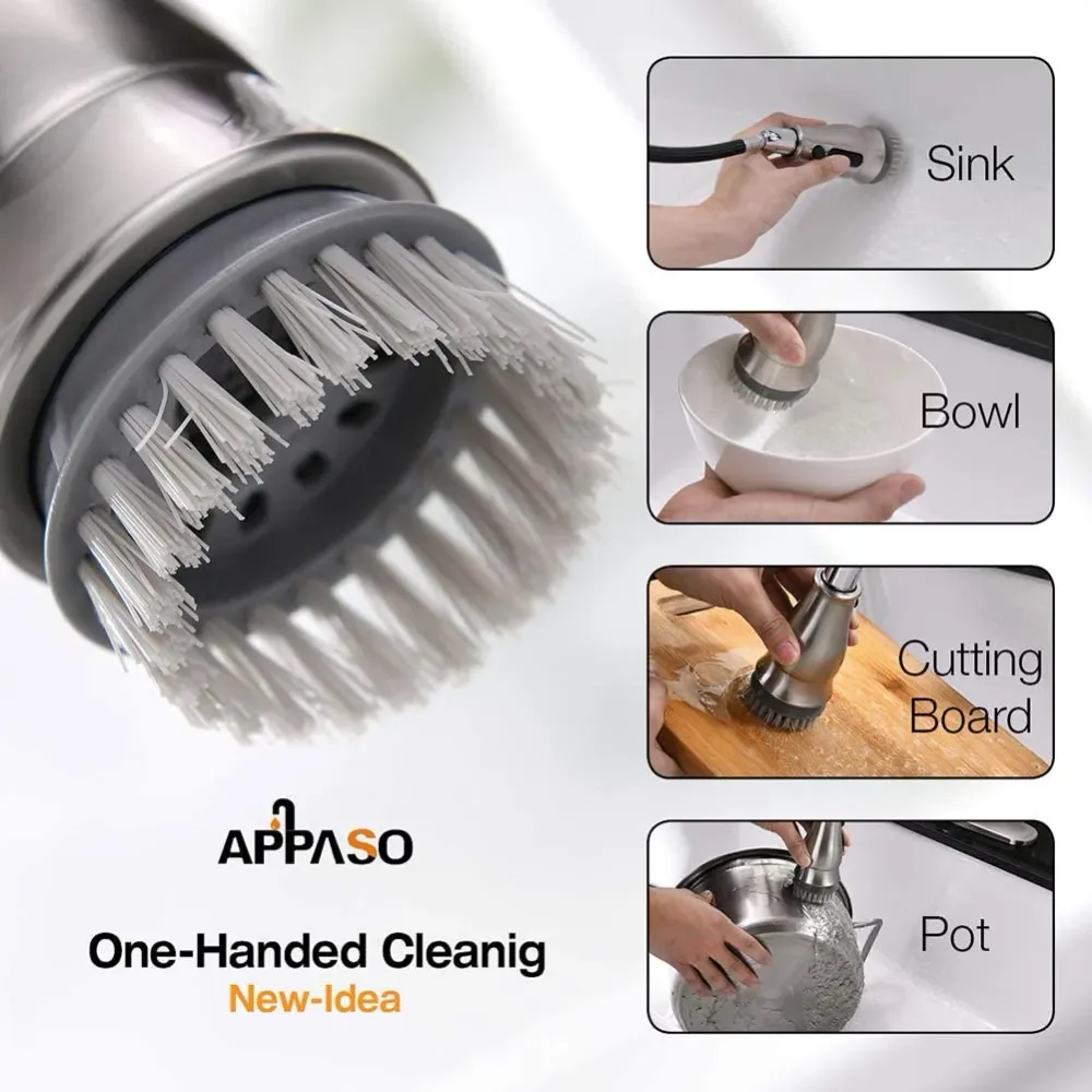 APPASO 159BN Satiné Nickel Kitchen Faucet Pull Down Sprayer, Soap Dispenser and Brush