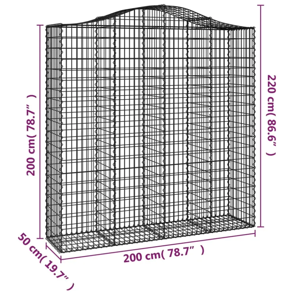 Lot de 4 paniers à gabions clôture cage mur de soutènement arqués 200 x 50 x 200/220 cm fer galvanisé Argent 02_0041446