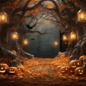 Toile de fond de lanternes de citrouilles et haut arbre Halloween RR7-386