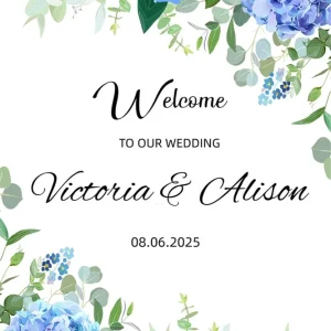 Toile de fond Photo Mariage Personnalisable Bienvenue Feuillage Bleu Floral GQ3-237