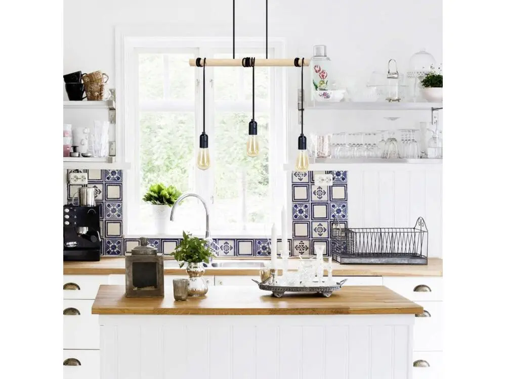 BROOKLYN - Lustre bar bois naturel et noir pour entrée et couloir