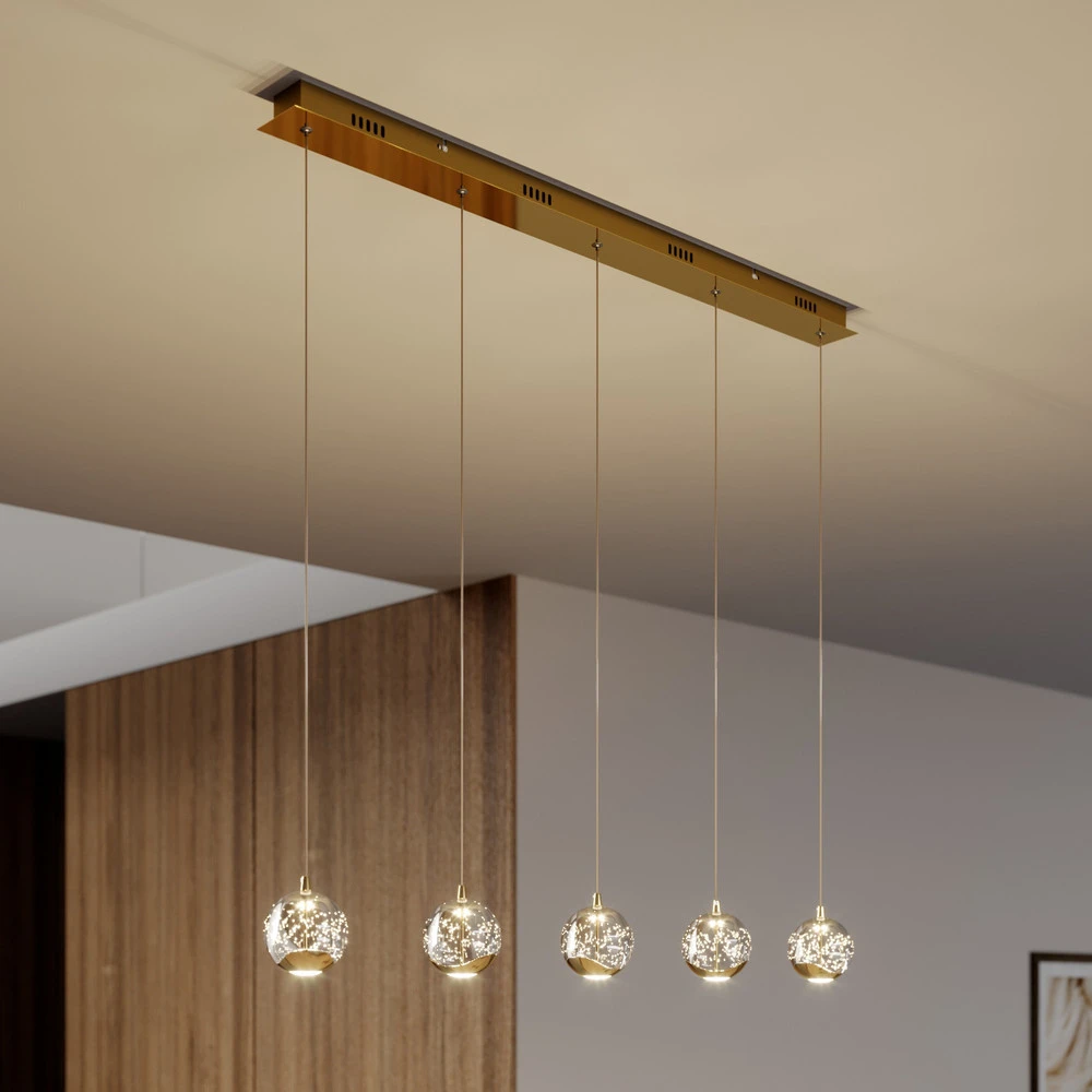 Éclairage LED Haute Luminosité Lucande Suspension LED Hayley, 96 cm, 5 lampes, or, verre