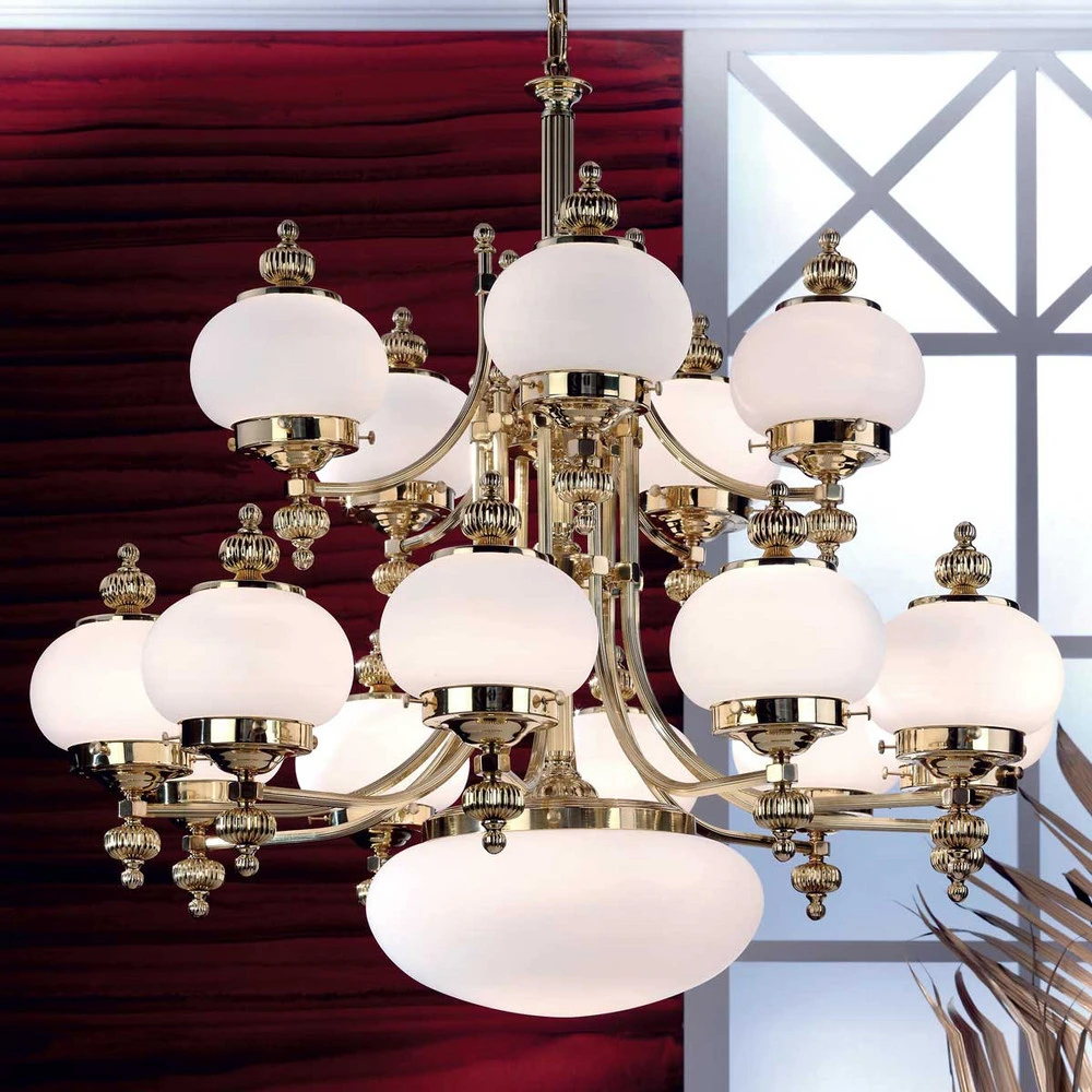 Éclairage LED Haute Luminosité Lustre Delia, laiton Ø 100 cm, 16 flammes, verre