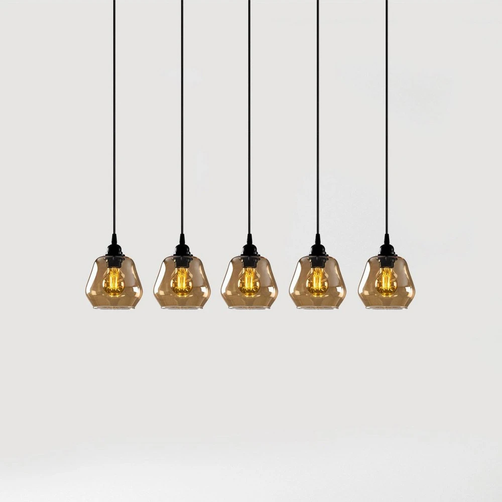 Éclairage LED Haute Luminosité Suspension Effet or 033, verre transparent doré, 5 lampes linéaires