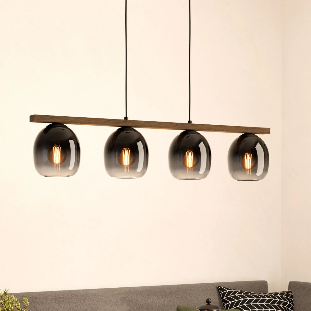 Éclairage LED Haute Luminosité Suspension Filago, quatre abat-jour en verre fumé
