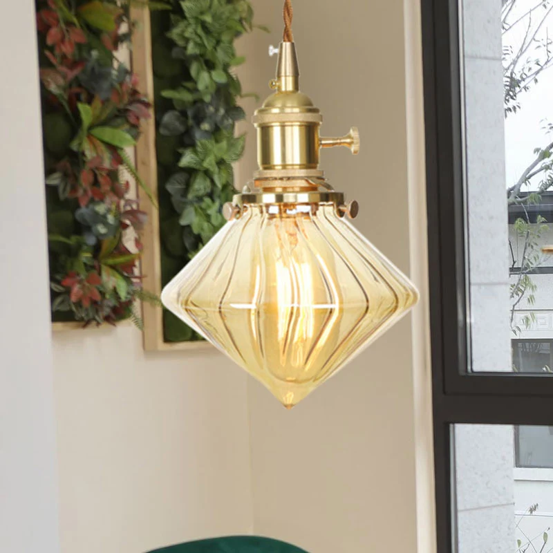 Lampe suspendue Vieux en verre nervuré ambre, plafonnier réglable à une lumière | Garantie 2 Ans