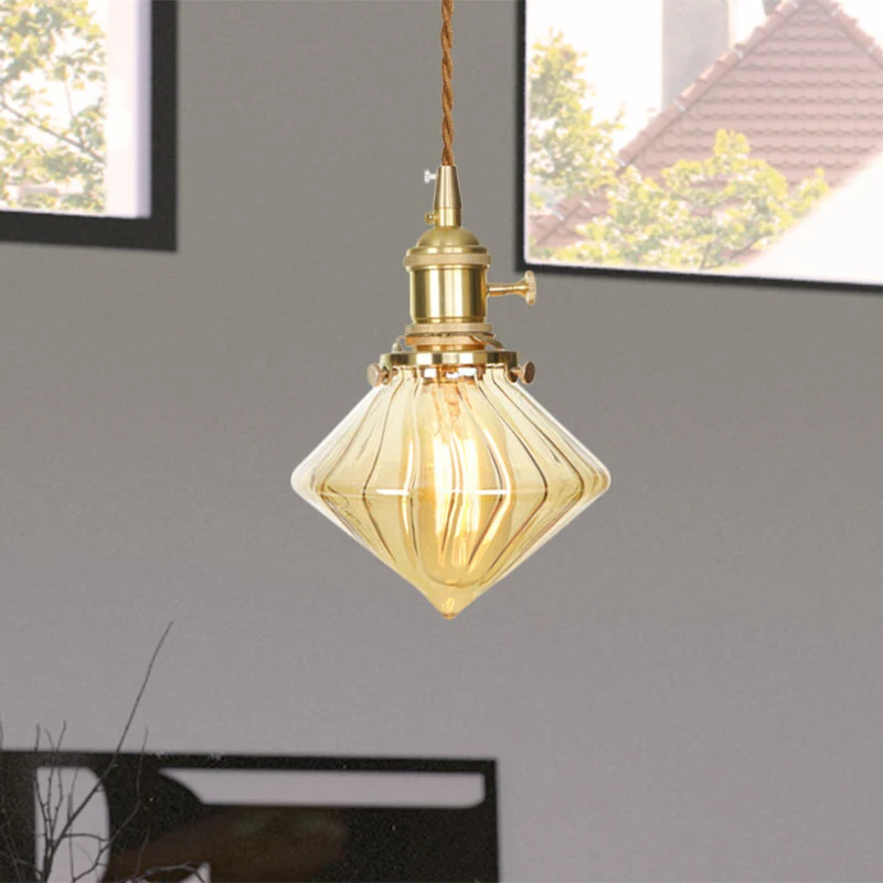 Lampe suspendue Vieux en verre nervuré ambre, plafonnier réglable à une lumière | Garantie 2 Ans