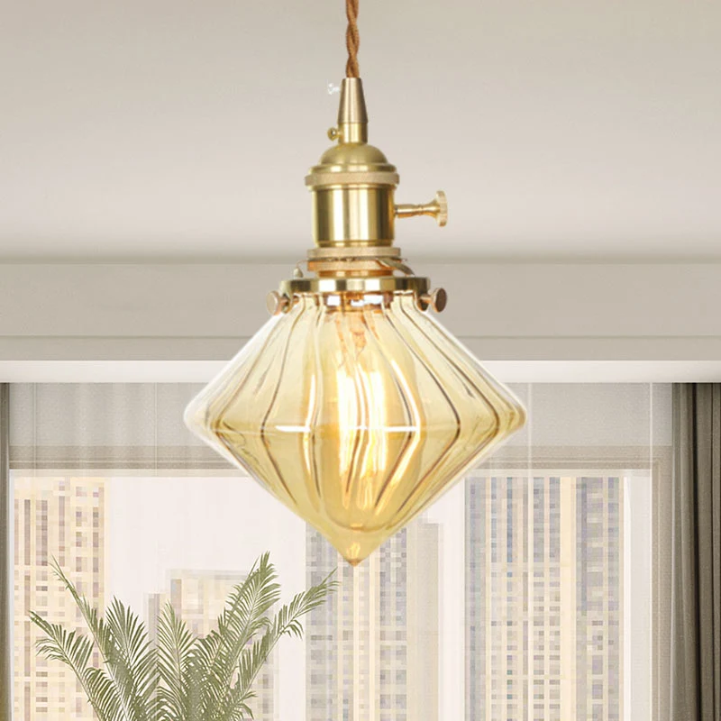 Lampe suspendue Vieux en verre nervuré ambre, plafonnier réglable à une lumière | Garantie 2 Ans