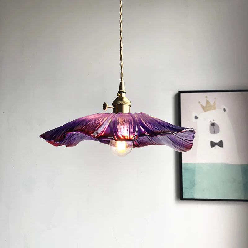 Lampe à suspension tendance en forme de fleur en verre violet/verre transparent, 1 lampe pour table à manger, luminaire su...