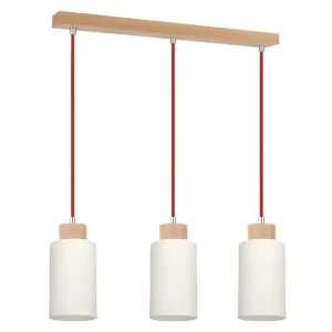 Lampe Suspension 3 Têtes "Bosco" 52cm Hêtre & Rouge (Carré 30x30cm)