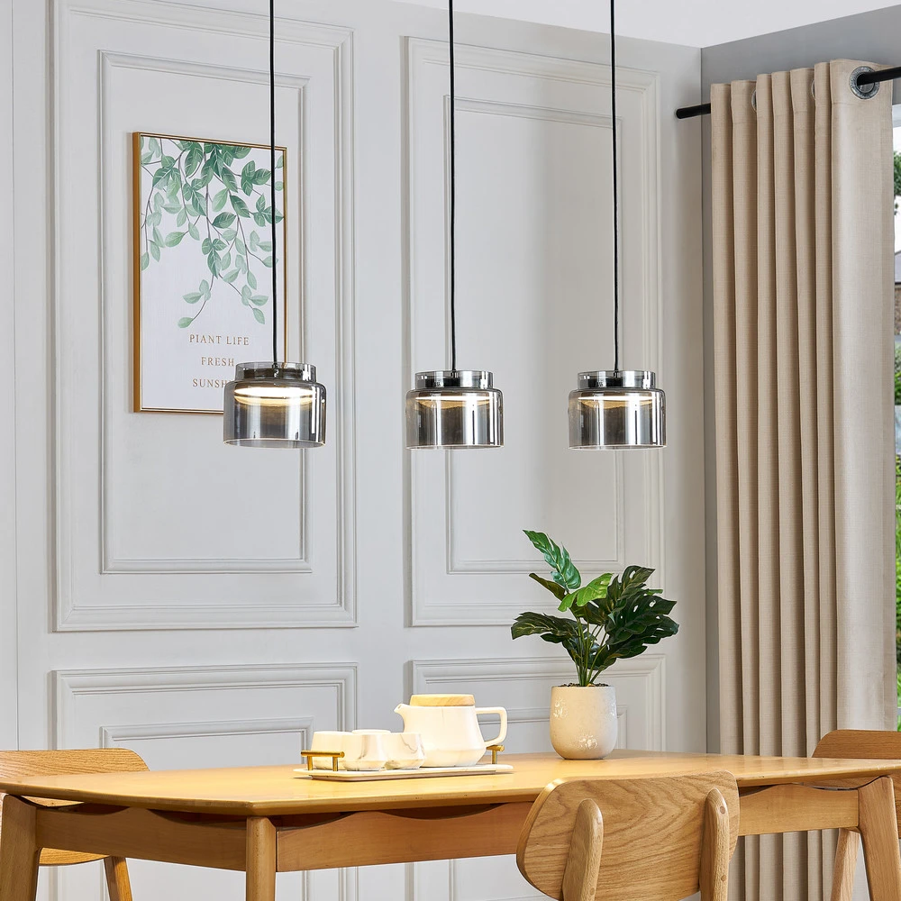 Lucande Diano suspension, gris fumée, à 3 lampes avec diffuseur opale
