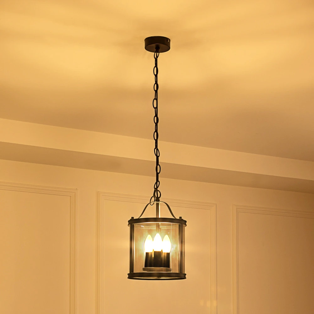 Lucande Suspension Eryk, Ø 23 cm, noir, verre, à 3 lampes pour entrée et couloir