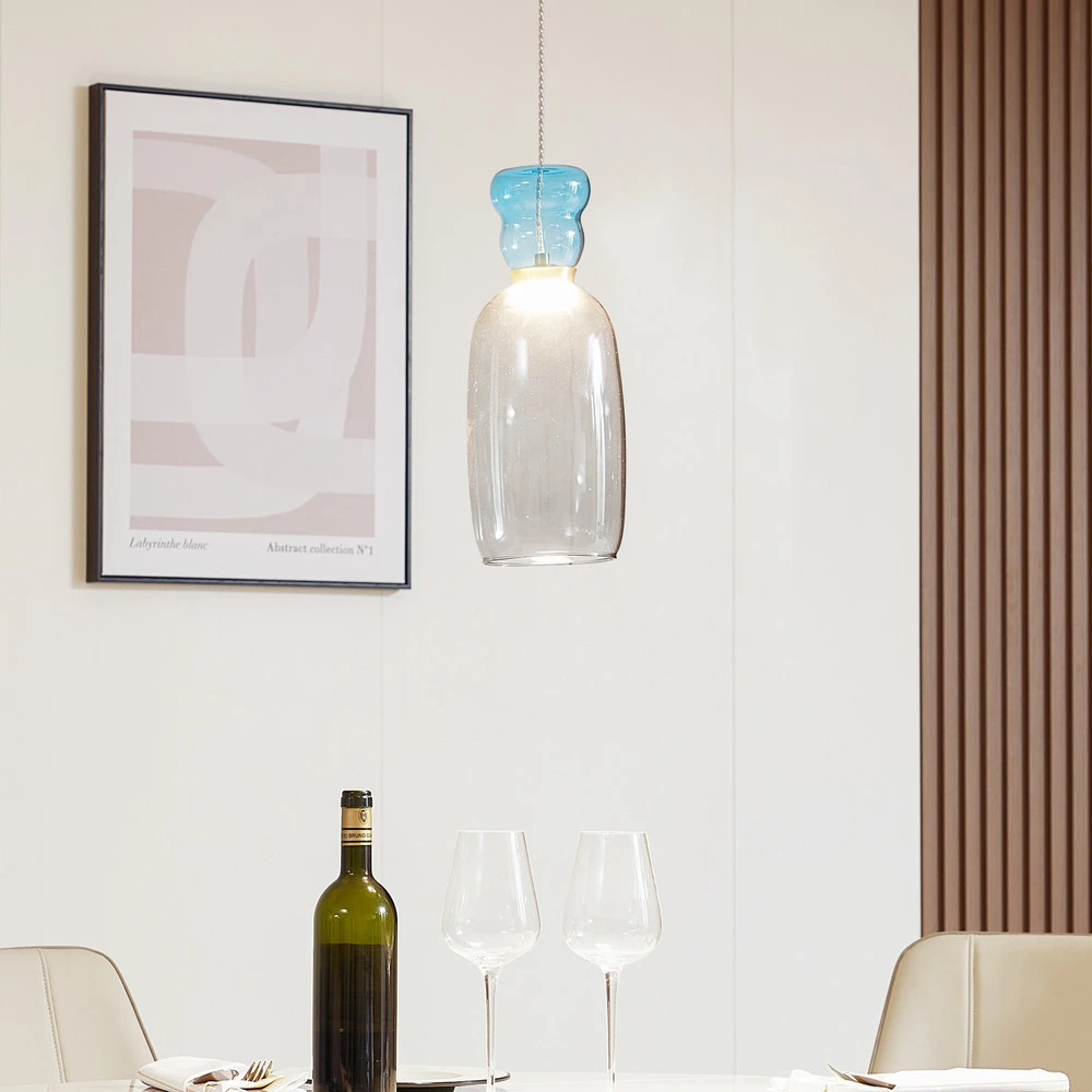 Lucande Suspension LED Fay, gris évident/bleu évident, verre, Ø 15 cm IP44 pour salle de bain