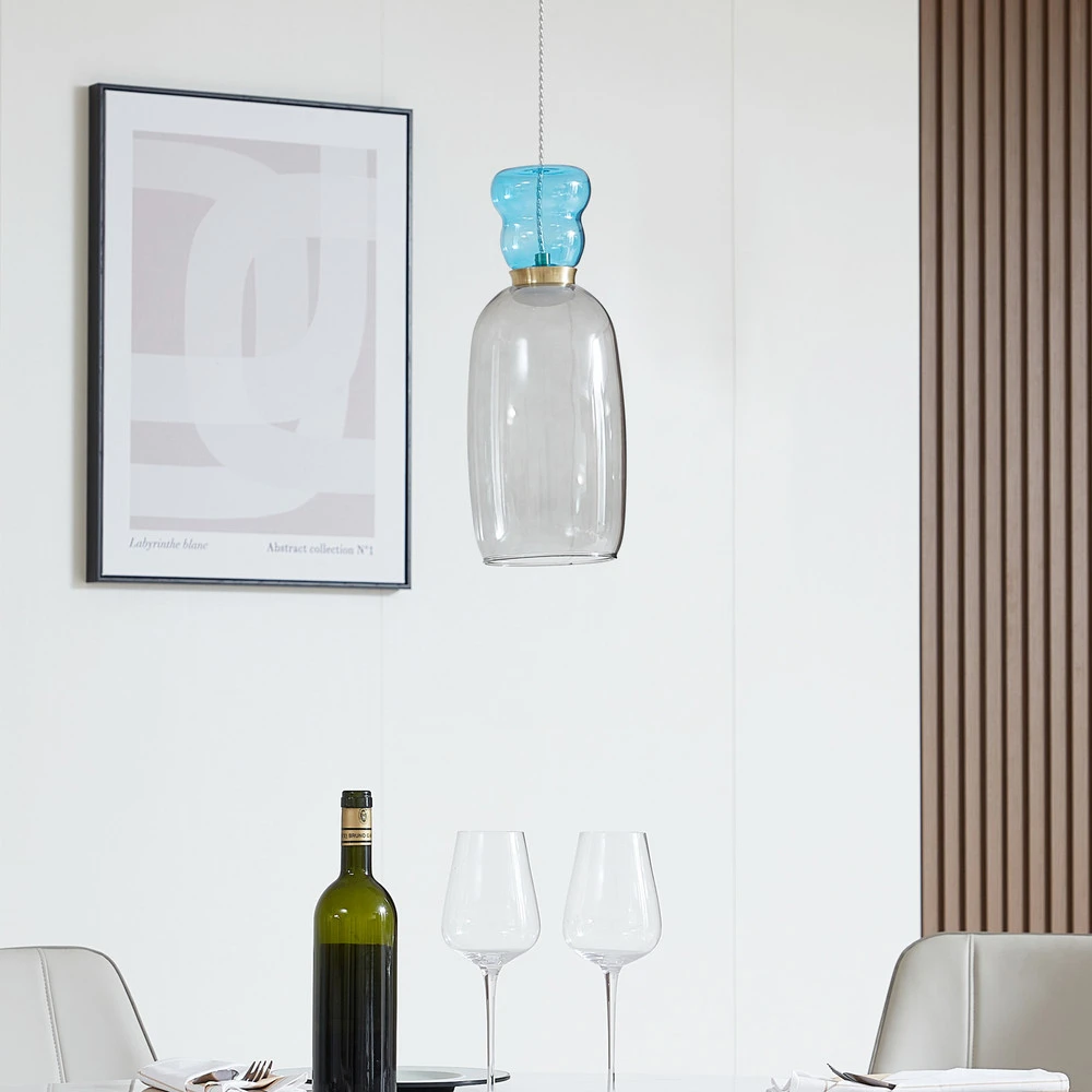 Lucande Suspension LED Fay, gris évident/bleu évident, verre, Ø 15 cm IP44 pour salle de bain