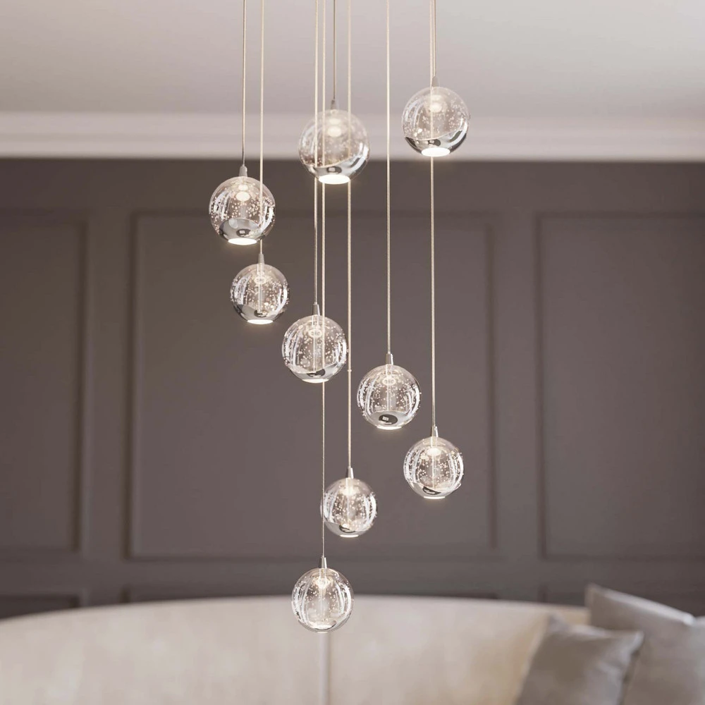 Lucande Suspension LED Hayley, Ø 40 cm, 9 lampes, acier chromé, verre
