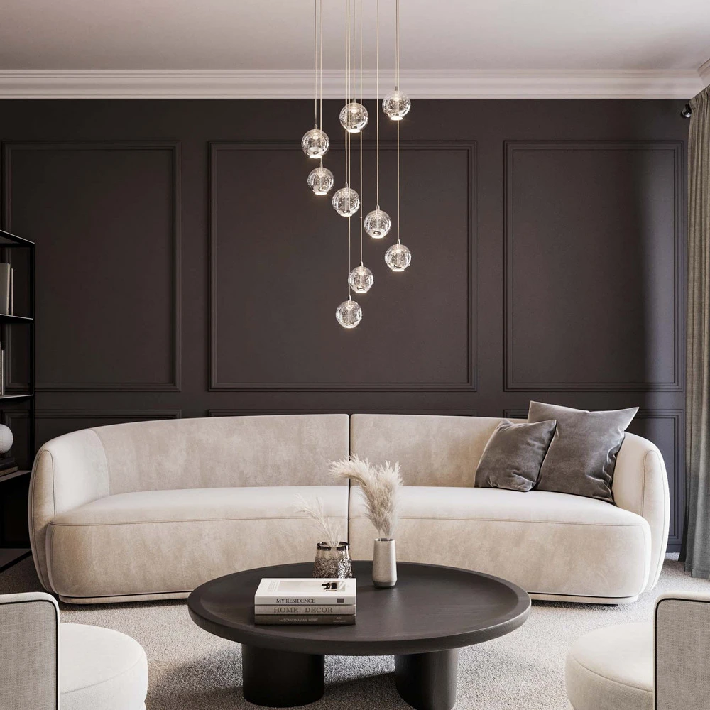 Lucande Suspension LED Hayley, Ø 40 cm, 9 lampes, acier chromé, verre