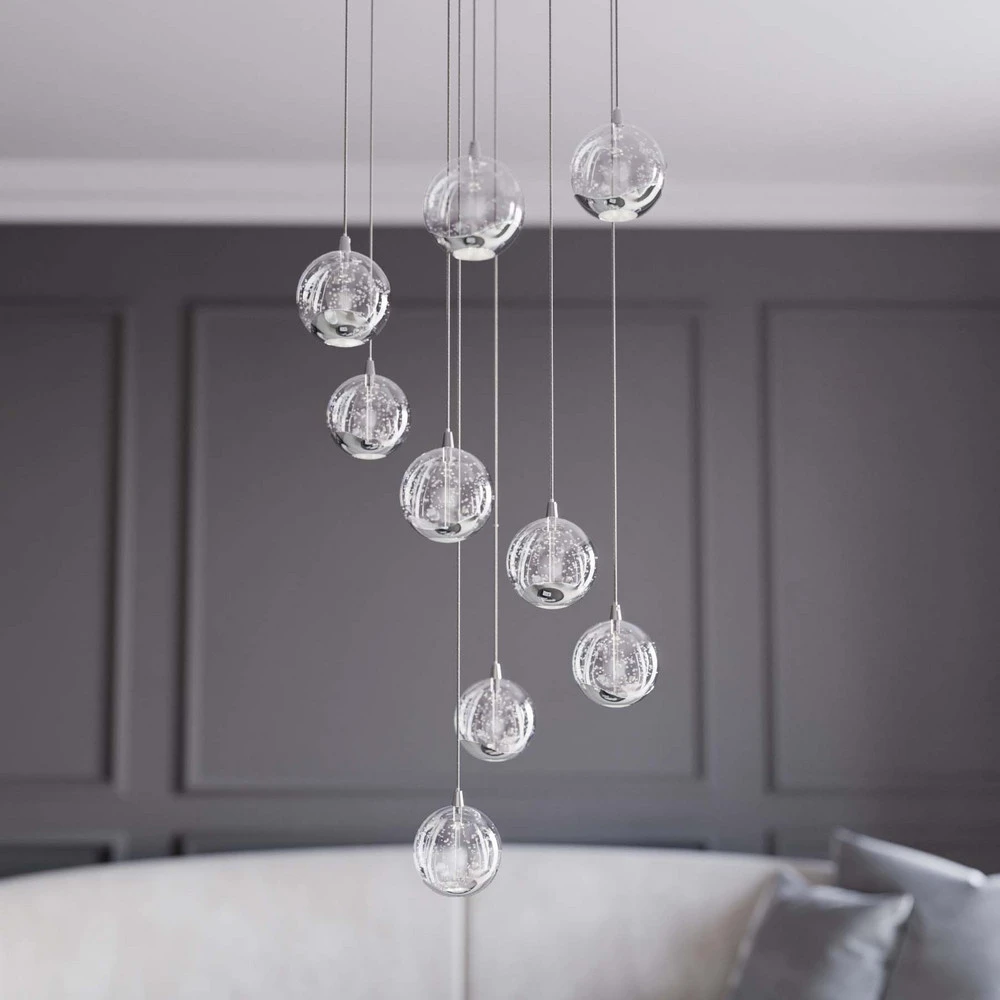 Lucande Suspension LED Hayley, Ø 40 cm, 9 lampes, acier chromé, verre
