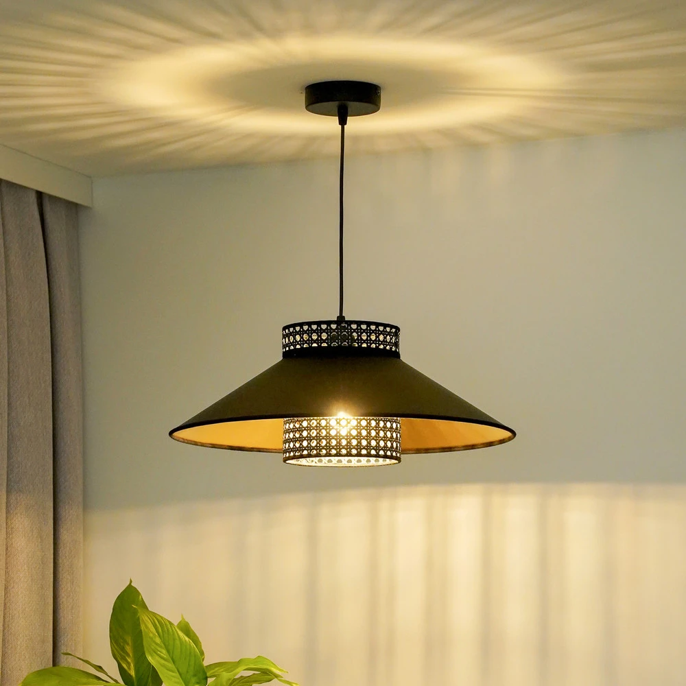 Luminaire de plafond design contemporain Euluna suspension Cappello, noir/or, rotin, Ø 45 cm
