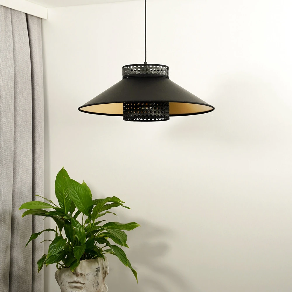 Luminaire de plafond design contemporain Euluna suspension Cappello, noir/or, rotin, Ø 45 cm