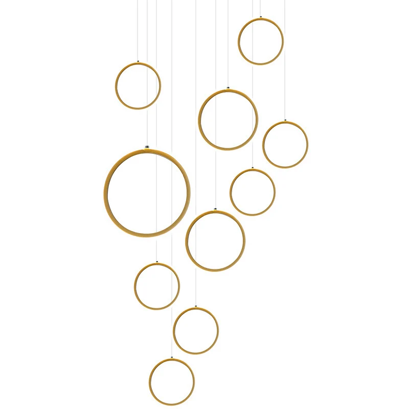 Luminaire de plafond design contemporain Grand plafonnier suspendu pour escalier, récent et minimaliste, anneau en métal n...